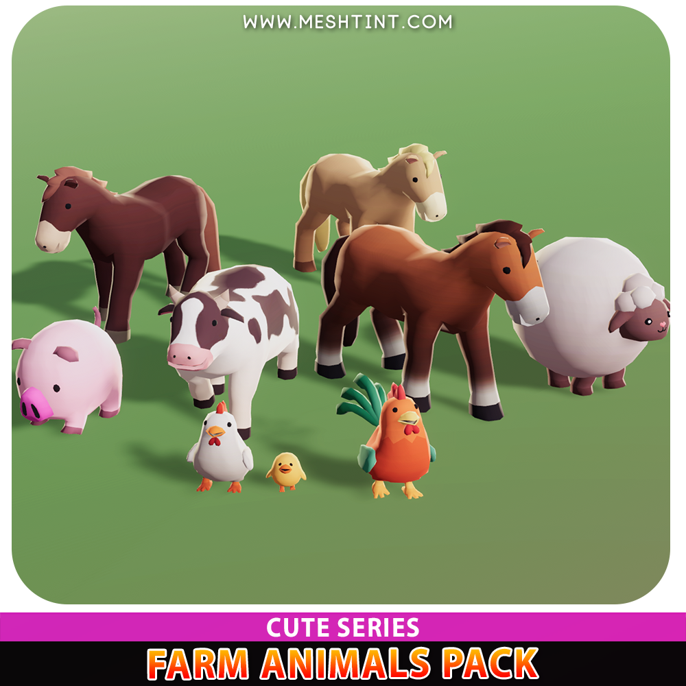 Farm Animals Pack Cute cow sheep horse pig chicken hen rooster chick zoo animal village cartoon