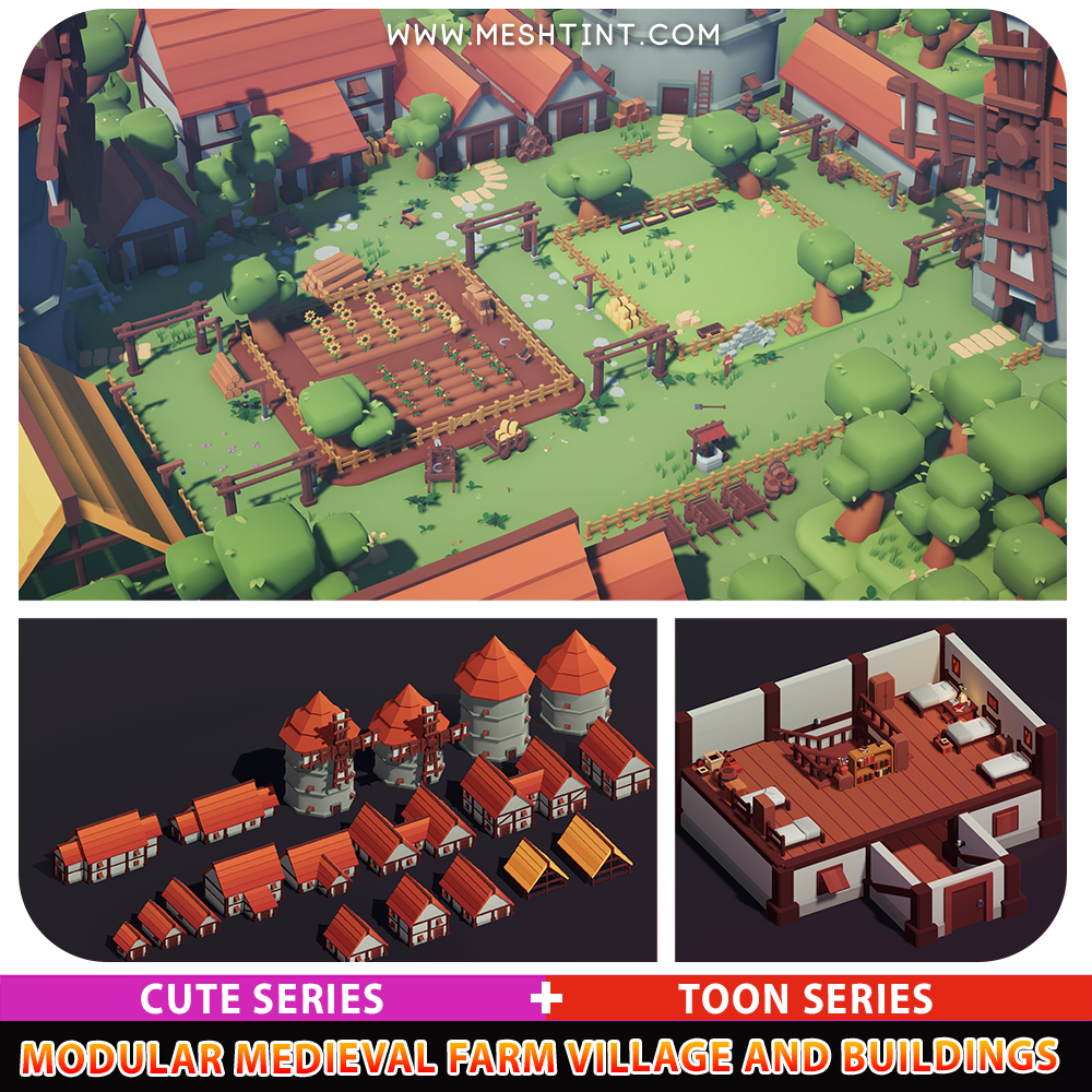 Modular Medieval Farm Village Buildings Pack Cute Series and Toon Series