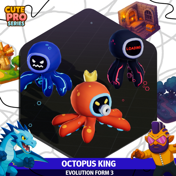 Octopus King Cute Meshtint 3d model unity low poly game fantasy creature monster evolution squid