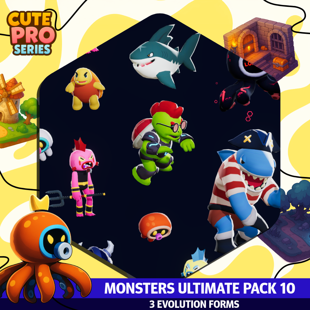 Meshtint 3d model unity low poly game creature monster evolution Pokemon turtle shark fish octopus
