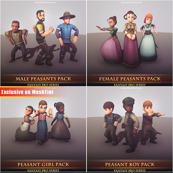 All Peasants Pack 1.2 Mesh Tint Shop3DSA Unity3D Game Low Poly Download 3D Model