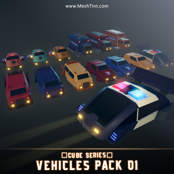 CUBE - Vehicles Pack 01 Mesh Tint Shop3DSA Unity3D Game Low Poly Download 3D Model