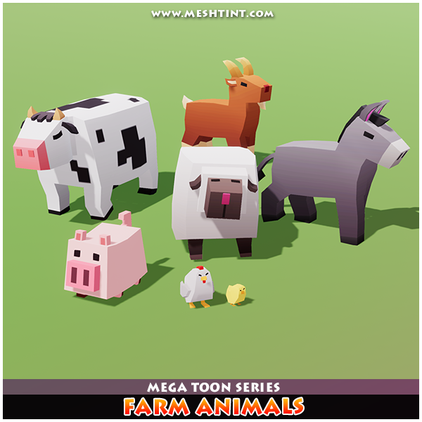 Farm Animals Mega Toon Goat Sheep Chicken Chick Pig Donkey Cow Meshtint 3d boxy low poly cute