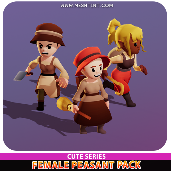 Female Peasant Modular Cute farm farmer Meshtint 3D models low poly Unity girl villager town human