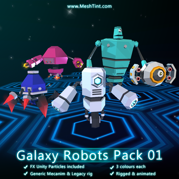 Galaxy Robots Pack 01 Mesh Tint Shop3DSA Unity3D Game Low Poly Download 3D Model