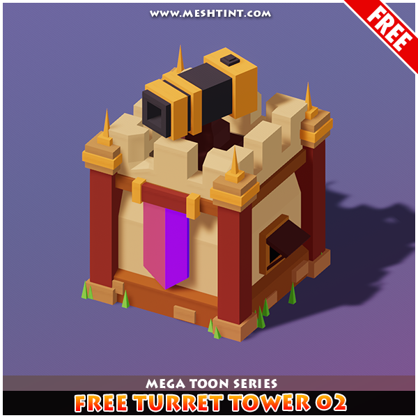 Meshtint Free Turret Tower 02 Mega Toon Series Mesh Tint Shop3DSA Unity3D Game Low Poly Download 3D Model