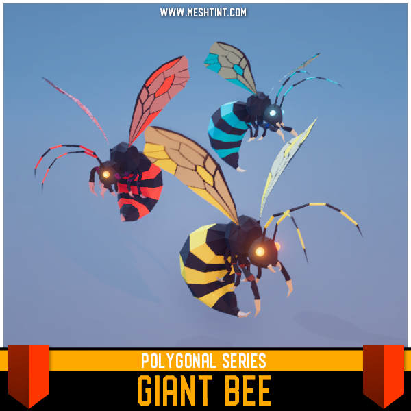 Polygonal - Giant Bee Mesh Tint Shop3DSA Unity3D Game Low Poly Download 3D Model