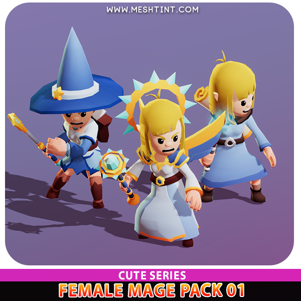 Meshtint 3d model modular character unity low poly game fantasy sorceress wizard Female Mage Cute
