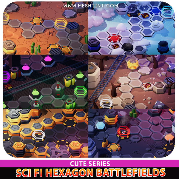 Sci Fi Hexagon Battlefields Cute strategy hex Meshtint 3D low poly game development Unity