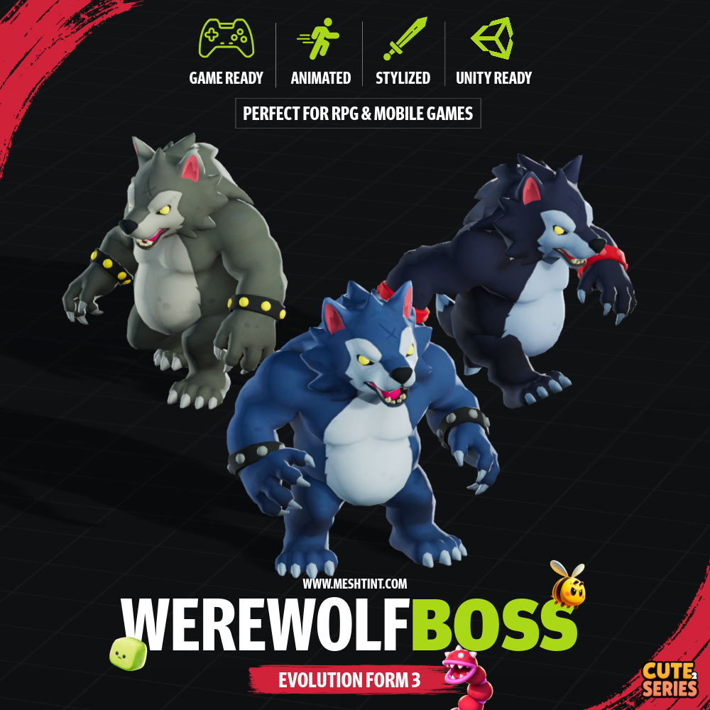 Werewolf Boss Cute Mecanim Meshtint 3d model unity low poly game fantasy creature monster wolf