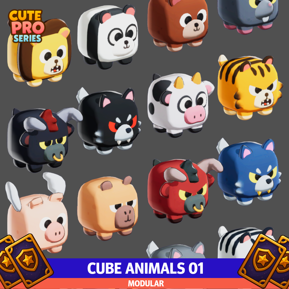 Cube Animal Cute Meshtint 3d model unity low poly game fantasy wolf tiger lion bear rat cow farm zoo