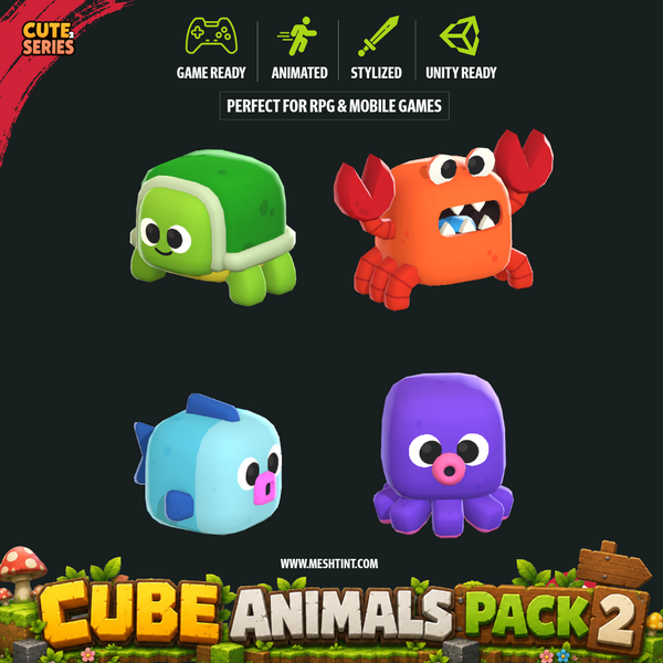 Cube Animals 02 Meshtint 3d model unity low poly game sea creature crab turtle fish octopus
