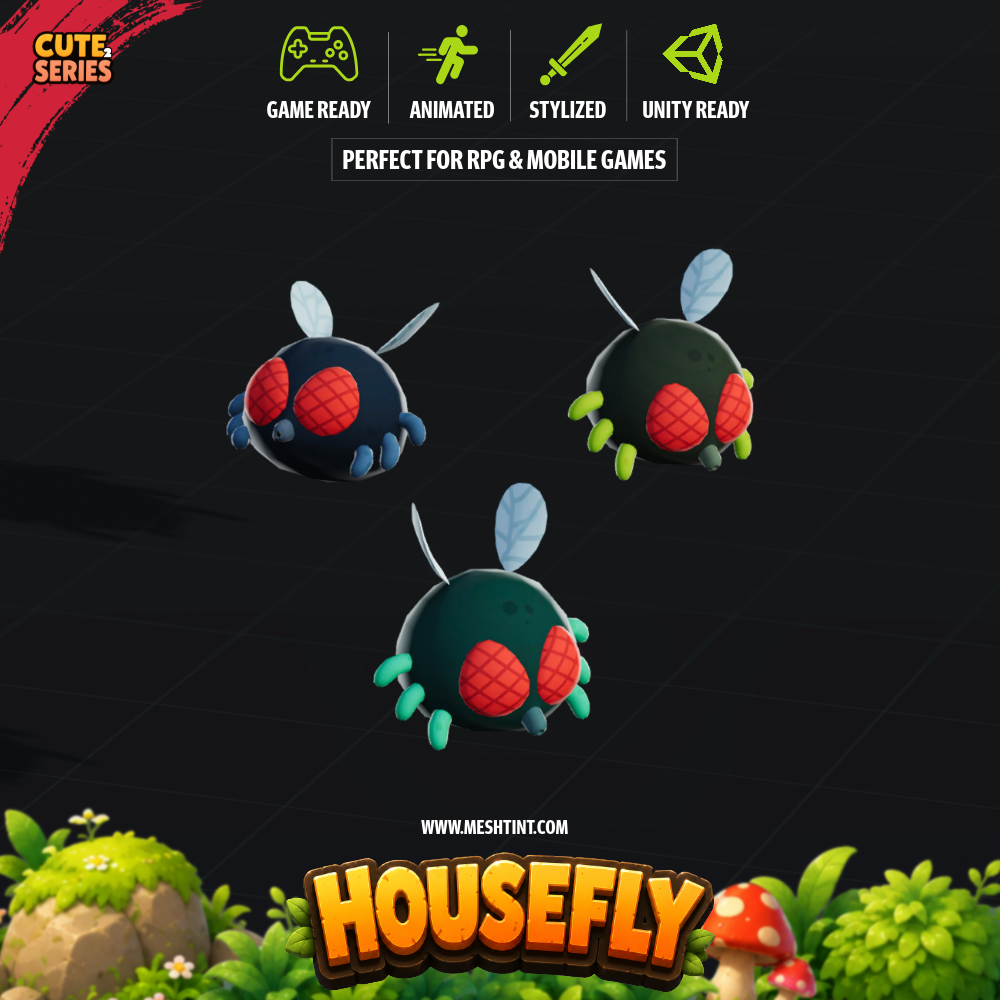 Housefly Cute Mecanim Meshtint 3d model unity low poly game creature monster bug insect
