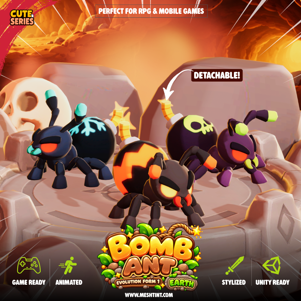 Meshtint Bomb Ant stylized 3D insect monster with a bomb fuse