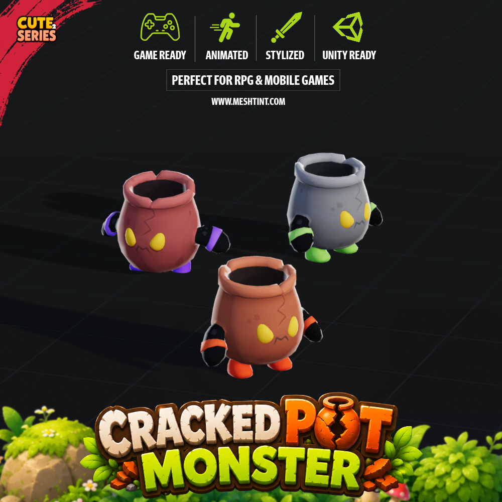 Cracked Pot Monster  Meshtint 3d model unity low poly game creature monster urn dungeon 