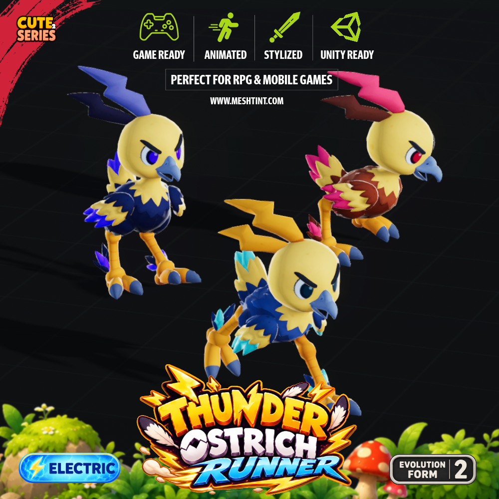 Meshtint 3d model unity low poly game fantasy creature monster bird thunder ostrich runner rpg