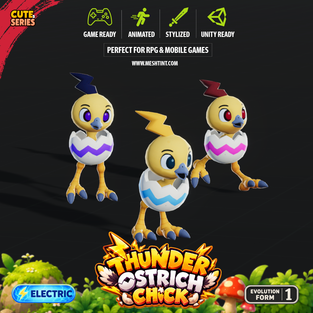 Meshtint 3d model unity low poly game fantasy creature monster bird thunder ostrich chick 