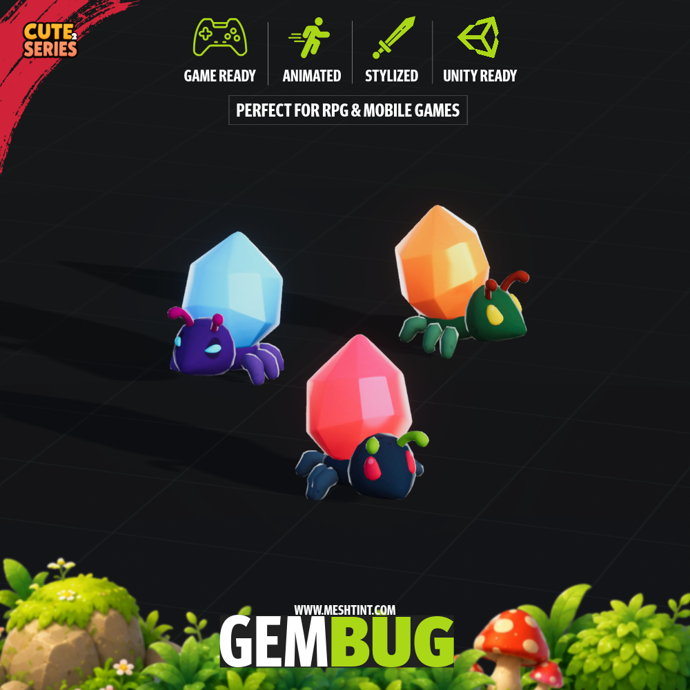 Crystal Gem Bug Mecanim Meshtint 3d model unity low poly game fantasy monster dungeon insect