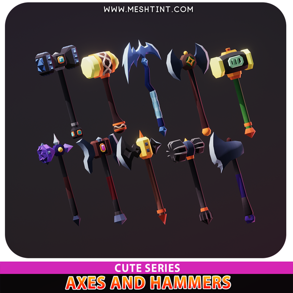 Axes Hammers weapon cute modular character rpg fantasy medieval props 3d meshtint unity asset
