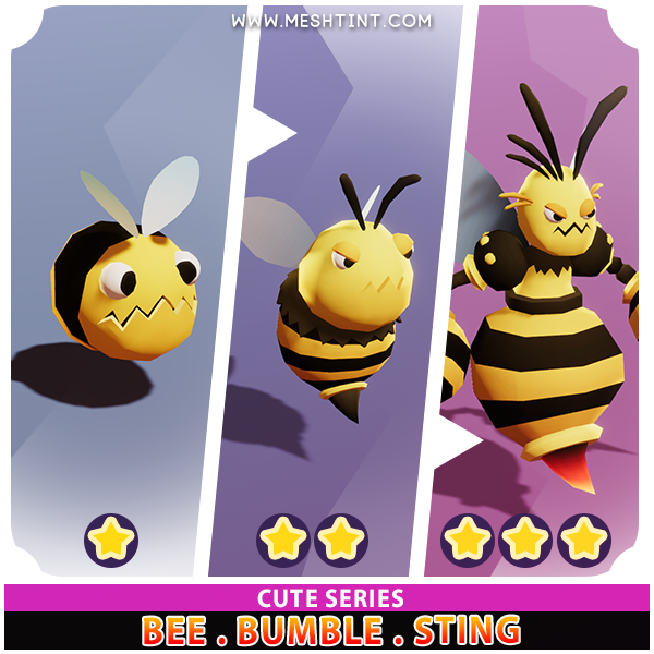 Bee Bumble Sting Evolution Pack Cute Series Mesh Tint Shop3DSA Unity3D Game Low Poly Download 3D Model