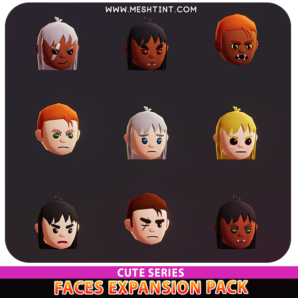 Faces Expansion Meshtint 3d model modular character unity low poly game fantasy face head hair eye