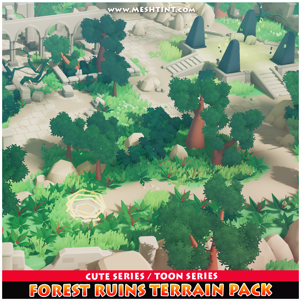 Forest Ruins Terrain Cute Toon Meshtint 3d model modular unity low poly game fantasy tree jungle