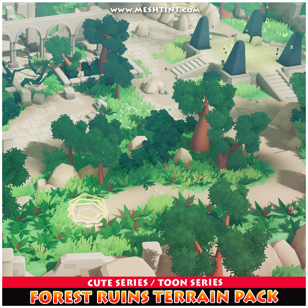Forest Ruins Terrain Cute Toon Meshtint 3d model modular unity low poly game fantasy tree jungle