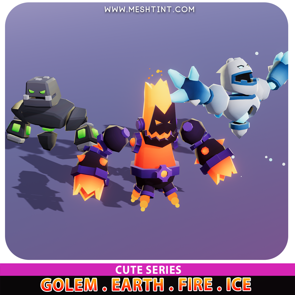 Golem Earth Fire Ice Cute Meshtint 3d model unity low poly game fantasy creature monster evolution