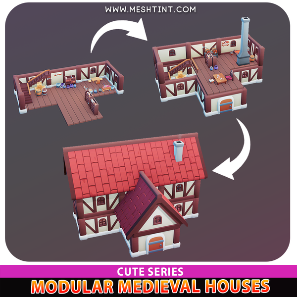 Meshtint 3d model unity low poly game fantasy Modular Medieval House Props