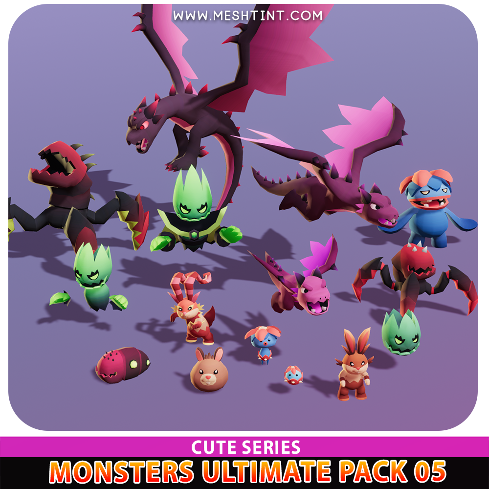 Monsters Ultimate 5 Cute Series dragon ghost flower rabbit wyvern pokemon 3d model low poly unity
