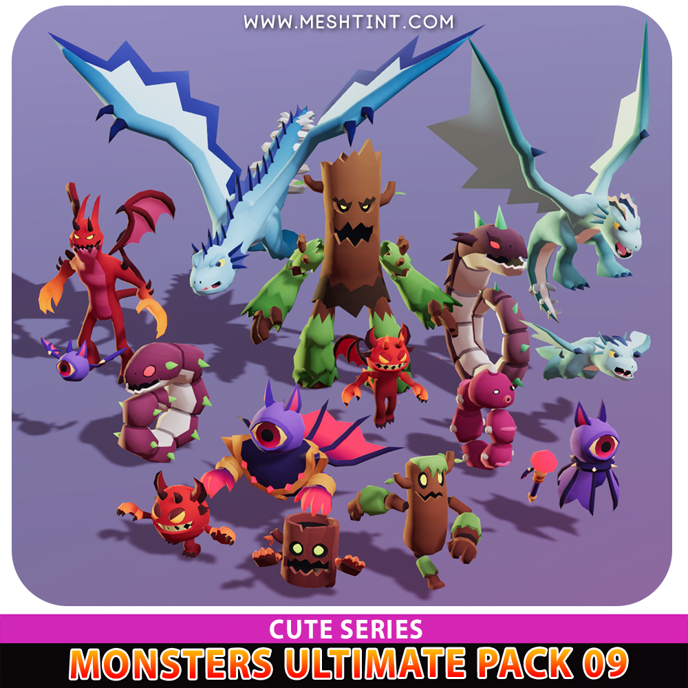 Monsters Ultimate Cute Meshtint 3d model unity low poly game evolution Pokemon dragon imp treant