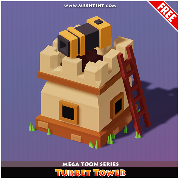 Meshtint Free Turret Tower Mega Toon Series Mesh Tint Shop3DSA Unity3D Game Low Poly Download 3D Model