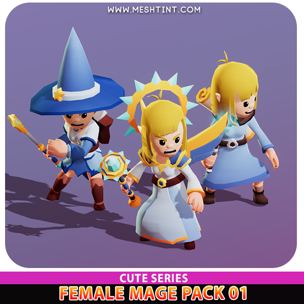Meshtint 3d model modular character unity low poly game fantasy sorceress wizard Female Mage Cute 