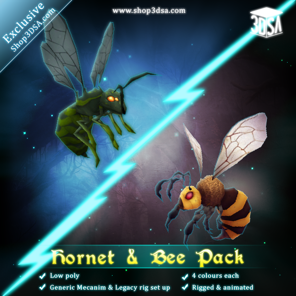 Hornet and Bee Pack Mesh Tint Shop3DSA Unity3D Game Low Poly Download 3D Model